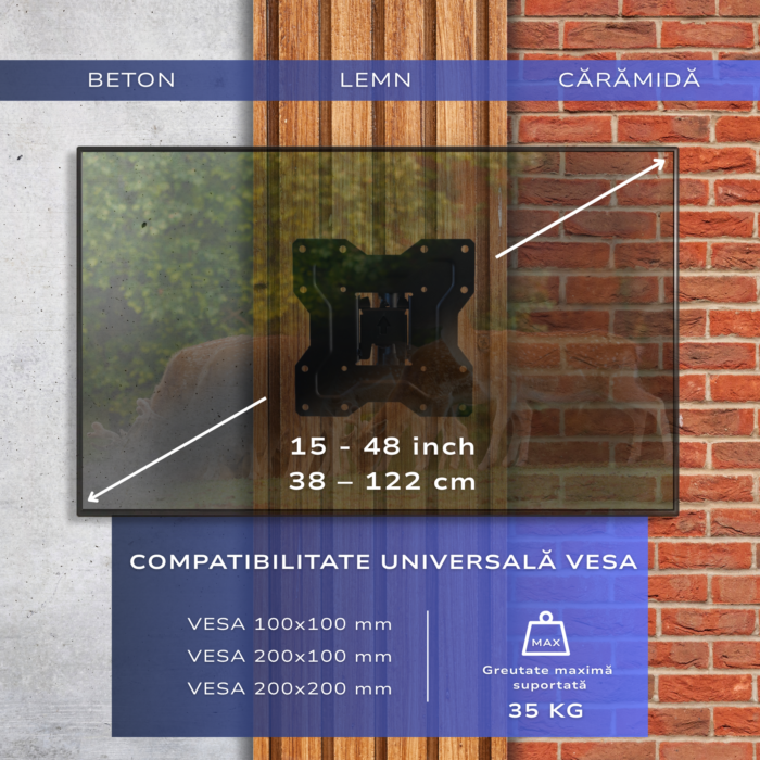 Suport TV de Perete, Pivotant, Universal, Diagonala 15” – 48” ( 38 – 122cm), Max 35kg, Vesa 100x100 – 200x200, Negru - imagine 5