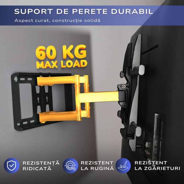 Suport TV de Perete, Pivotant, Universal, Diagonala 32”- 85” ( 80 - 214cm ), Max 60kg, Vesa 200x100 – 600x400, Negru - imagine 7
