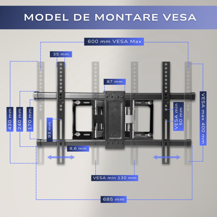Suport TV de Perete, Pivotant, Universal, Diagonala 32”- 85” ( 80 - 214cm ), Max 60kg, Vesa 200x100 – 600x400, Negru - imagine 8