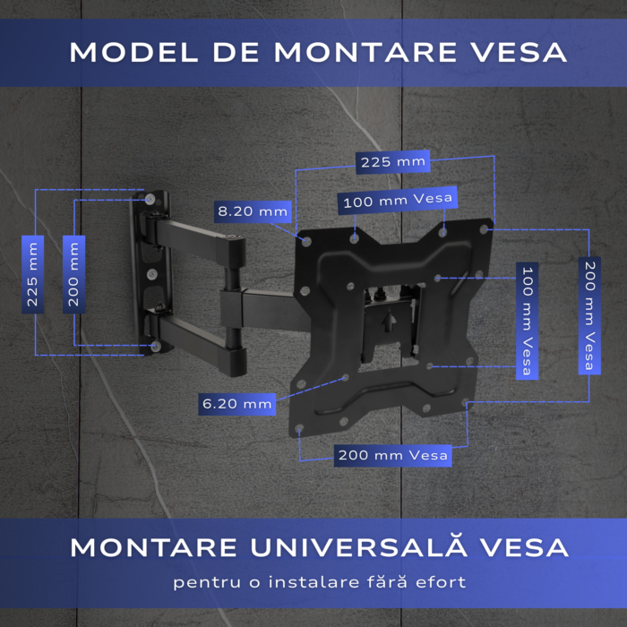 Suport TV de Perete, Pivotant, Universal, Diagonala 15” – 48” ( 38 – 122cm), Max 35kg, Vesa 100x100 – 200x200, Negru - imagine 8