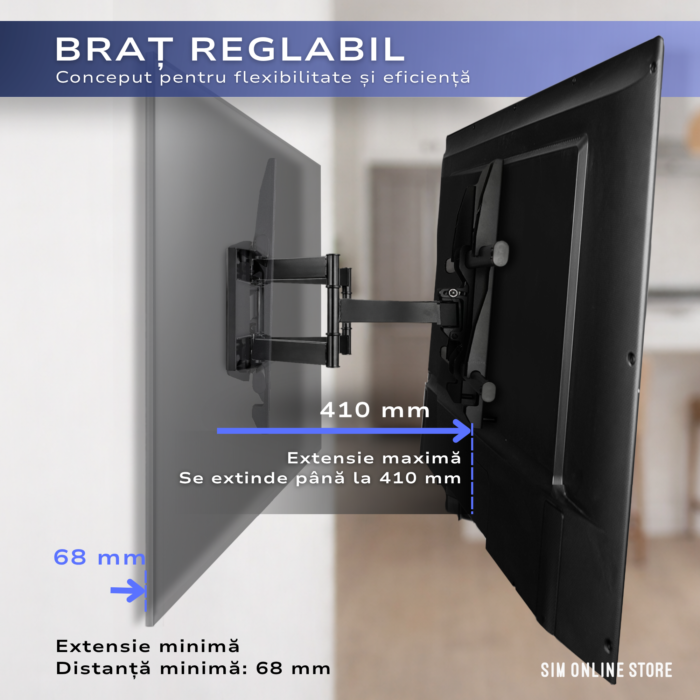 Suport TV de Perete, Pivotant, Universal, Diagonala 32”- 85” ( 80 - 214cm ), Max 60kg, Vesa 200x100 – 600x400, Negru - imagine 3