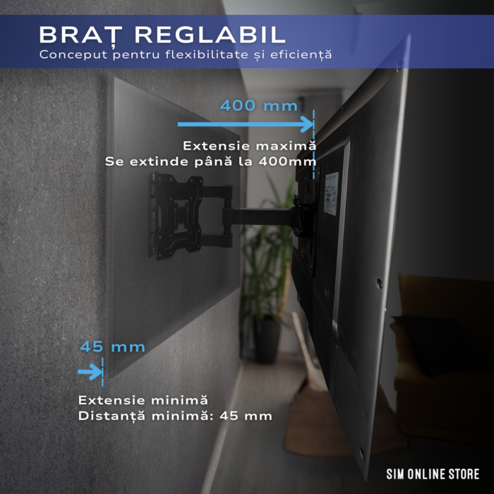 Suport TV de Perete, Pivotant, Universal, Diagonala 15” – 48” ( 38 – 122cm), Max 35kg, Vesa 100x100 – 200x200, Negru - imagine 3