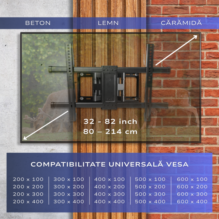Suport TV de Perete, Pivotant, Universal, Diagonala 32”- 85” ( 80 - 214cm ), Max 60kg, Vesa 200x100 – 600x400, Negru - imagine 5