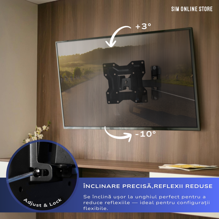 Suport TV de Perete, Pivotant, Universal, Diagonala 15” – 48” ( 38 – 122cm), Max 35kg, Vesa 100x100 – 200x200, Negru - imagine 4