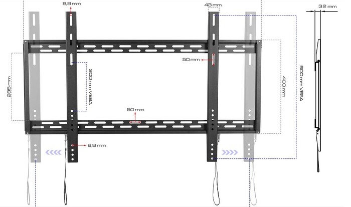 Suport TV de Perete, Universal, Diagonala 60”- 100” ( 152 – 254 cm), Max 100kg, Vesa 200x200 – 900x600, Negru - imagine 2