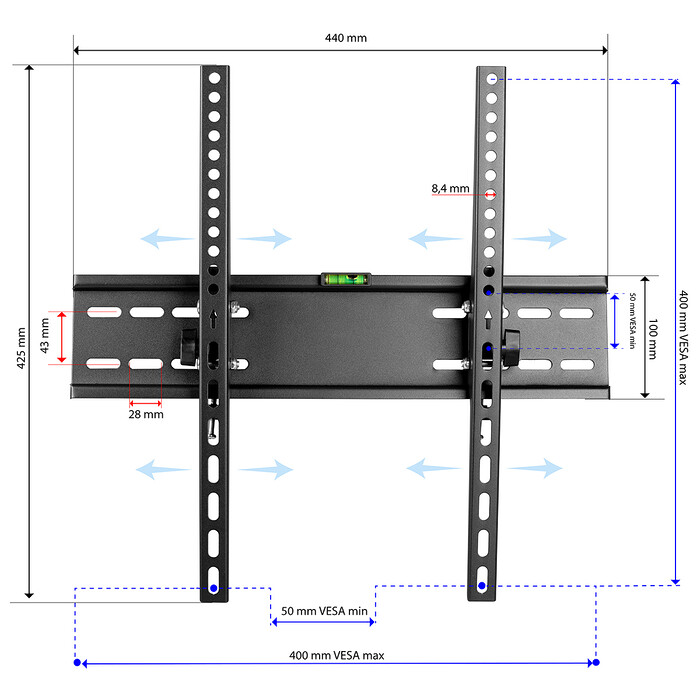 Suport TV de Perete, Universal, Diagonala 23”- 65” ( 58 - 165cm ), Max 45 kg, Vesa 75x75 – 400x400, Negru - imagine 8
