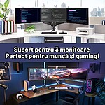 Suport 3 Monitoare Premium pentru Birou 17-32" inch, Arc pe Gaz, pentru Productivitate, Multitasking, Munca, Gaming, Organizator Cabluri, Instalare Usoara, Ergonomic, VESA 75x75 / 100x100, Pana la 8 kg per brat, Prindere cu Clema/Surub, Negru - imagine 3