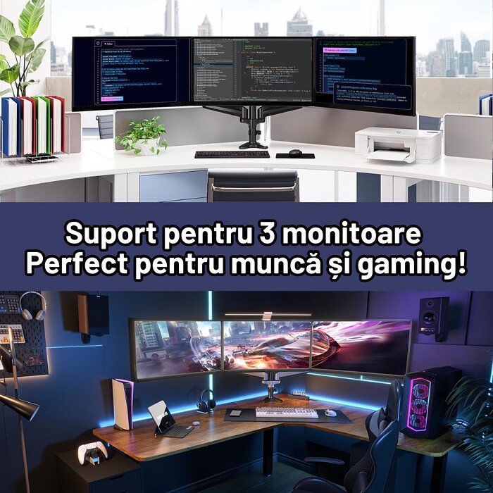 Suport 3 Monitoare Premium pentru Birou 17-32" inch, Arc pe Gaz, pentru Productivitate, Multitasking, Munca, Gaming, Organizator Cabluri, Instalare Usoara, Ergonomic, VESA 75x75 / 100x100, Pana la 8 kg per brat, Prindere cu Clema/Surub, Negru - imagine 3