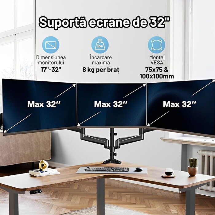 Suport 3 Monitoare Premium pentru Birou 17-32" inch, Arc pe Gaz, pentru Productivitate, Multitasking, Munca, Gaming, Organizator Cabluri, Instalare Usoara, Ergonomic, VESA 75x75 / 100x100, Pana la 8 kg per brat, Prindere cu Clema/Surub, Negru - imagine 4
