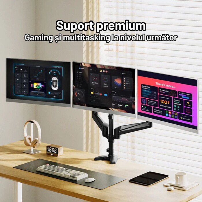 Suport 3 Monitoare Premium pentru Birou 17-32" inch, Arc pe Gaz, pentru Productivitate, Multitasking, Munca, Gaming, Organizator Cabluri, Instalare Usoara, Ergonomic, VESA 75x75 / 100x100, Pana la 8 kg per brat, Prindere cu Clema/Surub, Negru - imagine 5