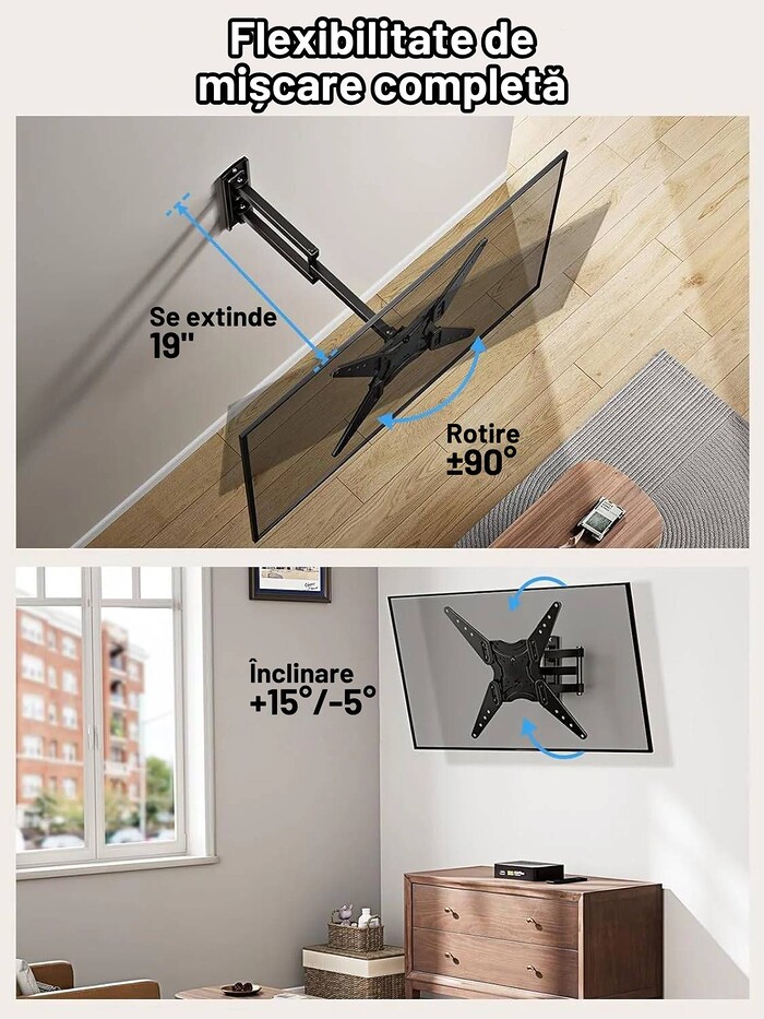 Suport TV de Perete, Premium, Montare pe Perete, Reglabil, Rotire / Extindere / Inclinare / Pivotare, Universal pentru Televizoare 26 - 60 Inch (66 - 152 cm), compatibil VESA 75x75 - 400x400, Max 32 kg, Instalare Usoara, Negru - imagine 7