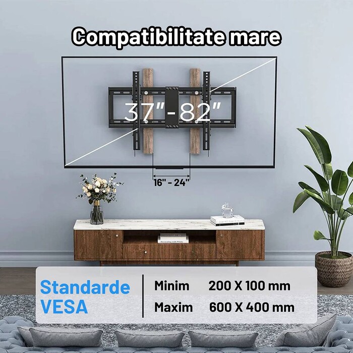 Suport TV de Perete, Premium, Reglabil, Inclinare, Universal pentru Televizoare 37 - 82 Inch (94 - 208 cm), Montare pe Perete, Compatibil VESA 200x100 - 600x400, Max 60 kg, Instalare Usoara, Negru - imagine 6