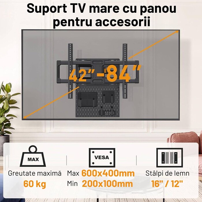 Suport TV de Perete cu Panou Accesorii, Premium, Montare Perete, Reglabil, Rotire / Extindere / Inclinare / Pivotare, Universal Televizoare 42 - 84 Inch (107 - 213 cm), Compatibil VESA 200x100 - 600x400, Max 60 kg, Instalare Usoara, Negru - imagine 2