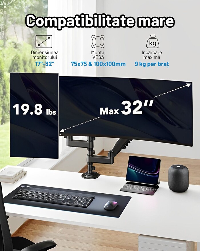 Suport 2 Monitoare Premium pentru Birou 17-32" inch, Arc pe Gaz, pentru Productivitate, Munca, Gaming, Organizator Cabluri, Instalare Usoara, Ergonomic, VESA 75x75 / 100x100, Pana la 9 kg per brat, Prindere cu Clema / Surub, Negru - imagine 4