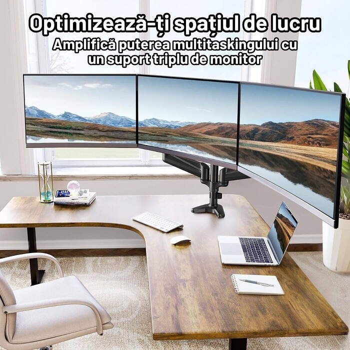 Suport 3 Monitoare Premium pentru Birou 17-32" inch, Arc pe Gaz, pentru Productivitate, Multitasking, Munca, Gaming, Organizator Cabluri, Instalare Usoara, Ergonomic, VESA 75x75 / 100x100, Pana la 8 kg per brat, Prindere cu Clema/Surub, Negru - imagine 6