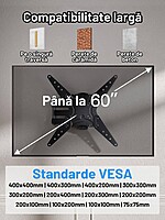 Suport TV de Perete, Premium, Montare pe Perete, Reglabil, Rotire / Extindere / Inclinare / Pivotare, Universal pentru Televizoare 26 - 60 Inch (66 - 152 cm), compatibil VESA 75x75 - 400x400, Max 32 kg, Instalare Usoara, Negru - imagine 2