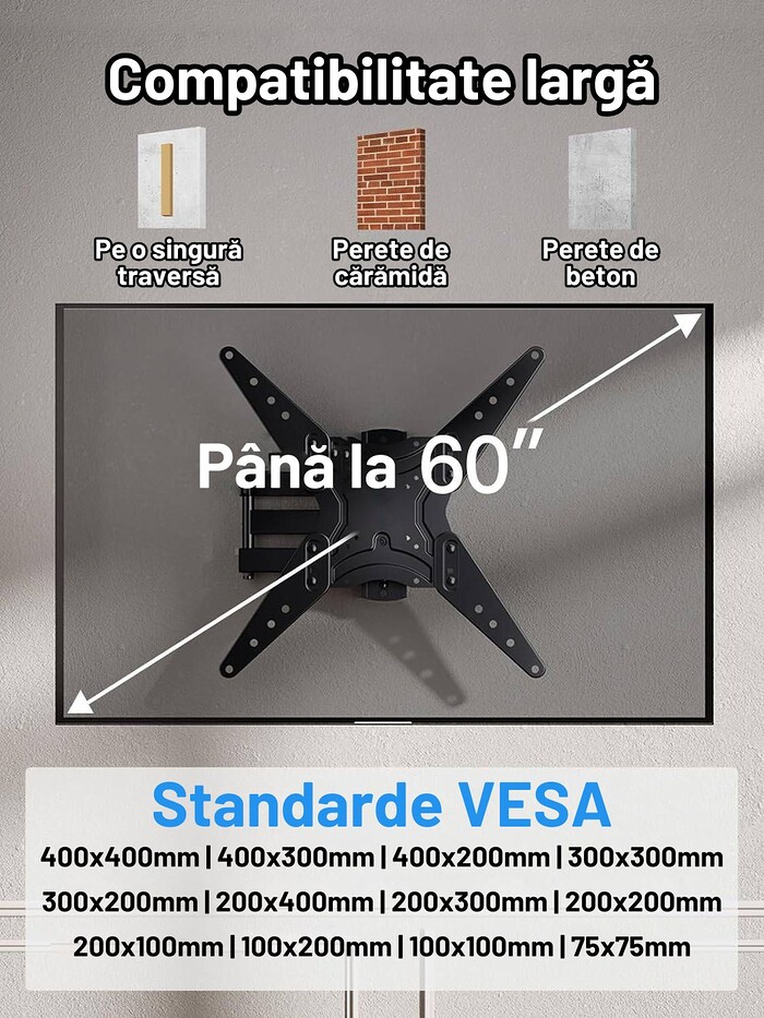 Suport TV de Perete, Premium, Montare pe Perete, Reglabil, Rotire / Extindere / Inclinare / Pivotare, Universal pentru Televizoare 26 - 60 Inch (66 - 152 cm), compatibil VESA 75x75 - 400x400, Max 32 kg, Instalare Usoara, Negru - imagine 2