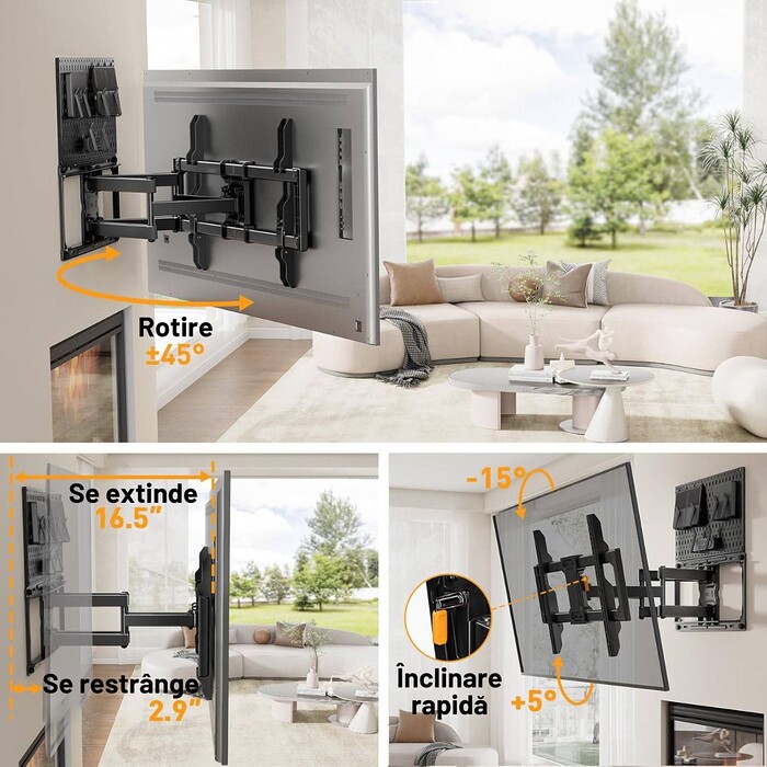 Suport TV de Perete cu Panou Accesorii, Premium, Montare Perete, Reglabil, Rotire / Extindere / Inclinare / Pivotare, Universal Televizoare 42 - 84 Inch (107 - 213 cm), Compatibil VESA 200x100 - 600x400, Max 60 kg, Instalare Usoara, Negru - imagine 7
