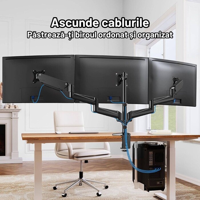 Suport 3 Monitoare Premium pentru Birou 17-32" inch, Arc pe Gaz, pentru Productivitate, Multitasking, Munca, Gaming, Organizator Cabluri, Instalare Usoara, Ergonomic, VESA 75x75 / 100x100, Pana la 8 kg per brat, Prindere cu Clema/Surub, Negru - imagine 7