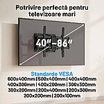 Suport TV de Perete, Premium, Montare pe Perete, Reglabil, Rotire / Extindere / Inclinare / Pivotare, Universal pentru Televizoare 40 - 86 Inch (101 - 218 cm), Compatibil VESA 200x100 - 600x400, Max 60 kg, Instalare Usoara, Negru - imagine 2
