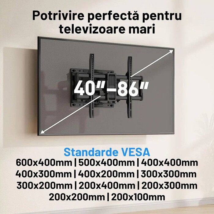 Suport TV de Perete, Premium, Montare pe Perete, Reglabil, Rotire / Extindere / Inclinare / Pivotare, Universal pentru Televizoare 40 - 86 Inch (101 - 218 cm), Compatibil VESA 200x100 - 600x400, Max 60 kg, Instalare Usoara, Negru - imagine 2