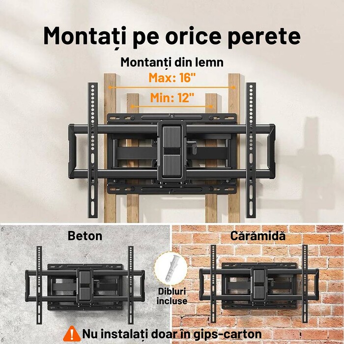 Suport TV de Perete, Premium, Montare pe Perete, Reglabil, Rotire / Extindere / Inclinare / Pivotare, Universal pentru Televizoare 40 - 86 Inch (101 - 218 cm), Compatibil VESA 200x100 - 600x400, Max 60 kg, Instalare Usoara, Negru - imagine 5