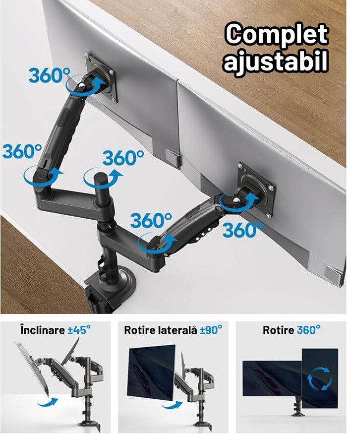 Suport 2 Monitoare Premium pentru Birou 17-32" inch, Arc pe Gaz, pentru Productivitate, Munca, Gaming, Organizator Cabluri, Instalare Usoara, Ergonomic, VESA 75x75 / 100x100, Pana la 9 kg per brat, Prindere cu Clema / Surub, Negru - imagine 9