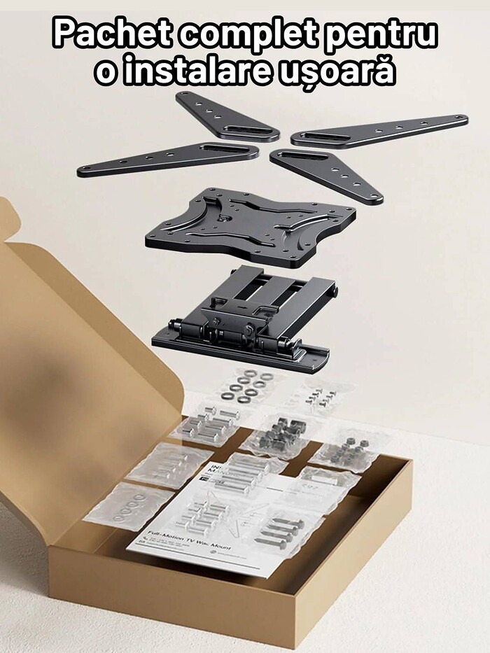 Suport TV de Perete, Premium, Montare pe Perete, Reglabil, Rotire / Extindere / Inclinare / Pivotare, Universal pentru Televizoare 26 - 60 Inch (66 - 152 cm), compatibil VESA 75x75 - 400x400, Max 32 kg, Instalare Usoara, Negru - imagine 8