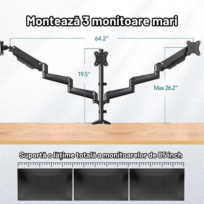Suport 3 Monitoare Premium pentru Birou 17-32" inch, Arc pe Gaz, pentru Productivitate, Multitasking, Munca, Gaming, Organizator Cabluri, Instalare Usoara, Ergonomic, VESA 75x75 / 100x100, Pana la 8 kg per brat, Prindere cu Clema/Surub, Negru - imagine 13