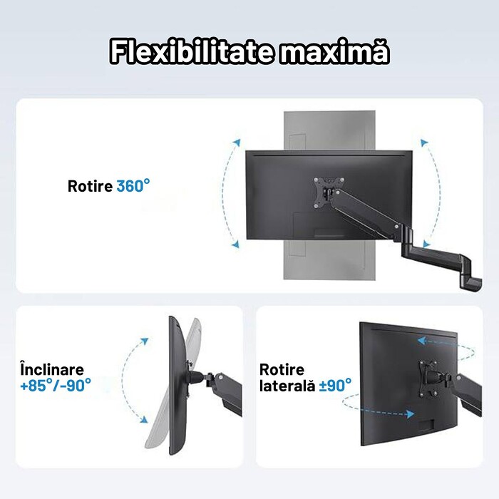 Suport 3 Monitoare Premium pentru Birou 17-32" inch, Arc pe Gaz, pentru Productivitate, Multitasking, Munca, Gaming, Organizator Cabluri, Instalare Usoara, Ergonomic, VESA 75x75 / 100x100, Pana la 8 kg per brat, Prindere cu Clema/Surub, Negru - imagine 12