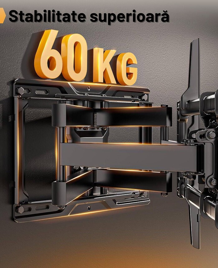 Suport TV de Perete, Premium, Montare pe Perete, Reglabil, Rotire / Extindere / Inclinare / Pivotare, Universal pentru Televizoare 42 - 84 Inch (106 - 213 cm), compatibil VESA 200x100 - 600x400, Max 60 kg, Instalare Usoara, Negru - imagine 3