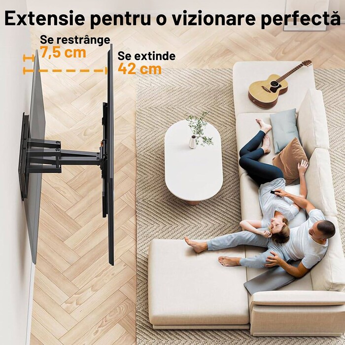 Suport TV de Perete, Premium, Montare pe Perete, Reglabil, Rotire / Extindere / Inclinare / Pivotare, Universal pentru Televizoare 42 - 85 Inch (106 - 215 cm), Compatibil VESA 200x100 - 600x400, Max 60 kg, Instalare Usoara, Negru - imagine 7