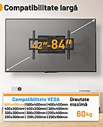 Suport TV de Perete, Premium, Montare pe Perete, Reglabil, Rotire / Extindere / Inclinare / Pivotare, Universal pentru Televizoare 42 - 84 Inch (106 - 213 cm), compatibil VESA 200x100 - 600x400, Max 60 kg, Instalare Usoara, Negru - imagine 2