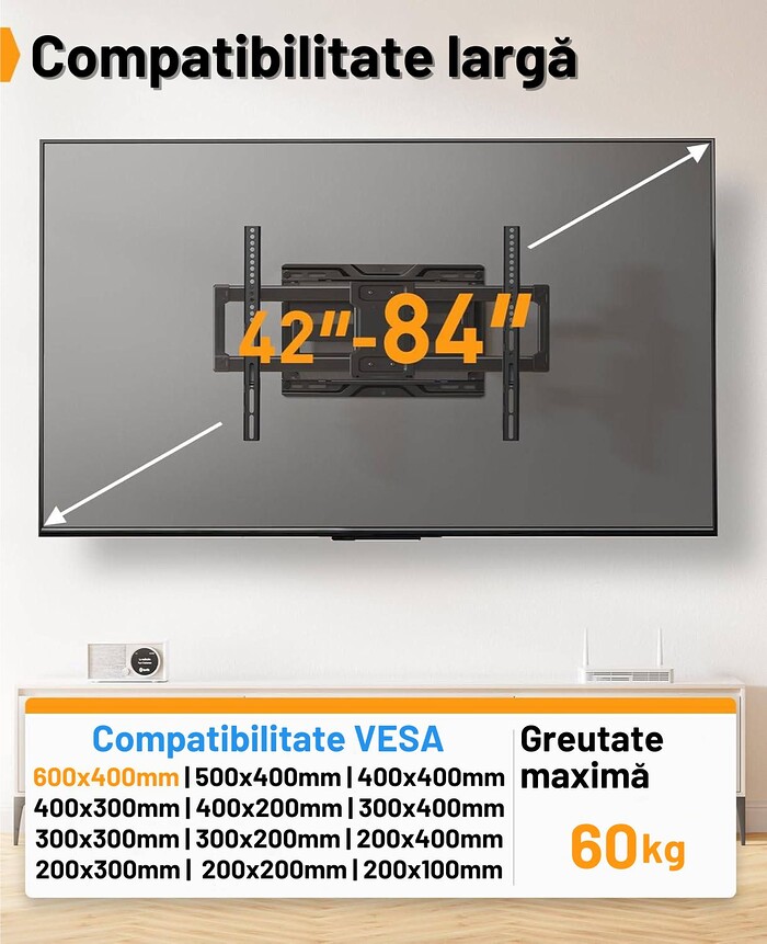 Suport TV de Perete, Premium, Montare pe Perete, Reglabil, Rotire / Extindere / Inclinare / Pivotare, Universal pentru Televizoare 42 - 84 Inch (106 - 213 cm), compatibil VESA 200x100 - 600x400, Max 60 kg, Instalare Usoara, Negru - imagine 2