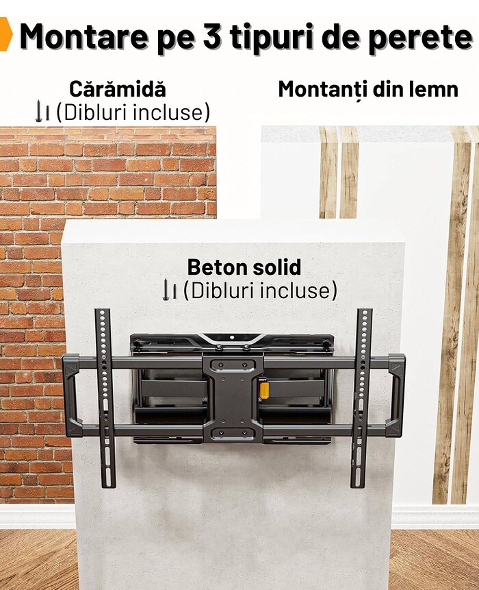 Suport TV de Perete, Premium, Montare pe Perete, Reglabil, Rotire / Extindere / Inclinare / Pivotare, Universal pentru Televizoare 42 - 84 Inch (106 - 213 cm), compatibil VESA 200x100 - 600x400, Max 60 kg, Instalare Usoara, Negru - imagine 4