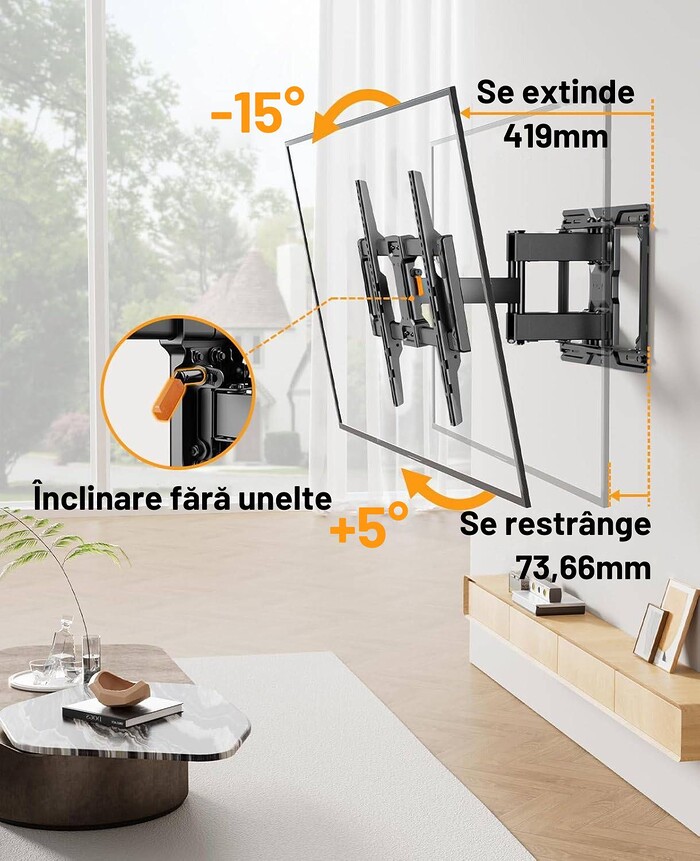 Suport TV de Perete, Premium, Montare pe Perete, Reglabil, Rotire / Extindere / Inclinare / Pivotare, Universal pentru Televizoare 42 - 84 Inch (106 - 213 cm), compatibil VESA 200x100 - 600x400, Max 60 kg, Instalare Usoara, Negru - imagine 6