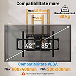 Suport TV de Perete, Premium, Montare pe Perete, Reglabil, Rotire / Extindere / Inclinare / Pivotare, Universal pentru Televizoare 42 - 85 Inch (106 - 215 cm), Compatibil VESA 200x100 - 600x400, Max 60 kg, Instalare Usoara, Negru - imagine 2