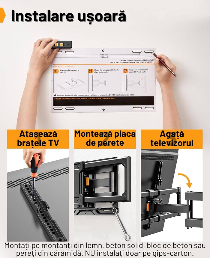 Suport TV de Perete, Premium, Montare pe Perete, Reglabil, Rotire / Extindere / Inclinare / Pivotare, Universal pentru Televizoare 42 - 84 Inch (106 - 213 cm), compatibil VESA 200x100 - 600x400, Max 60 kg, Instalare Usoara, Negru - imagine 7