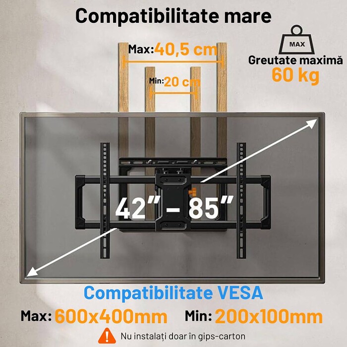 Suport TV de Perete, Premium, Montare pe Perete, Reglabil, Rotire / Extindere / Inclinare / Pivotare, Universal pentru Televizoare 42 - 85 Inch (106 - 215 cm), Compatibil VESA 200x100 - 600x400, Max 60 kg, Instalare Usoara, Negru - imagine 2