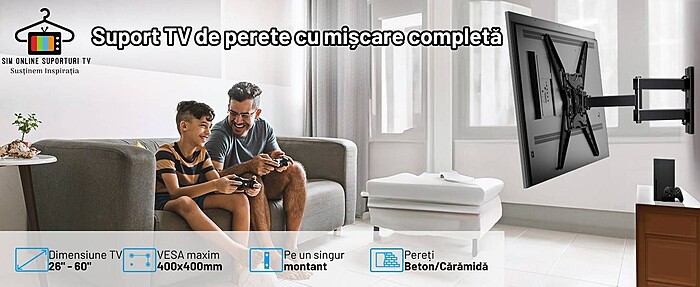 Suport TV de Perete, Premium, Montare pe Perete, Reglabil, Rotire / Extindere / Inclinare / Pivotare, Universal pentru Televizoare 26 - 60 Inch (66 - 152 cm), compatibil VESA 75x75 - 400x400, Max 32 kg, Instalare Usoara, Negru - imagine 4