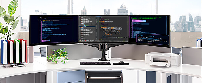 Suport 3 Monitoare Premium pentru Birou 17-32" inch, Arc pe Gaz, pentru Productivitate, Multitasking, Munca, Gaming, Organizator Cabluri, Instalare Usoara, Ergonomic, VESA 75x75 / 100x100, Pana la 8 kg per brat, Prindere cu Clema/Surub, Negru - imagine 8