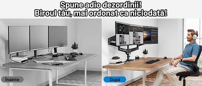 Suport 3 Monitoare Premium pentru Birou 17-32" inch, Arc pe Gaz, pentru Productivitate, Multitasking, Munca, Gaming, Organizator Cabluri, Instalare Usoara, Ergonomic, VESA 75x75 / 100x100, Pana la 8 kg per brat, Prindere cu Clema/Surub, Negru - imagine 10