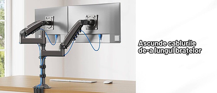 Suport 2 Monitoare Premium pentru Birou 17-32" inch, Arc pe Gaz, pentru Productivitate, Munca, Gaming, Organizator Cabluri, Instalare Usoara, Ergonomic, VESA 75x75 / 100x100, Pana la 9 kg per brat, Prindere cu Clema / Surub, Negru - imagine 14