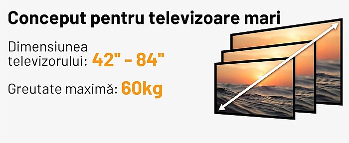 Suport TV de Perete, Premium, Montare pe Perete, Reglabil, Rotire / Extindere / Inclinare / Pivotare, Universal pentru Televizoare 42 - 84 Inch (106 - 213 cm), compatibil VESA 200x100 - 600x400, Max 60 kg, Instalare Usoara, Negru - imagine 9