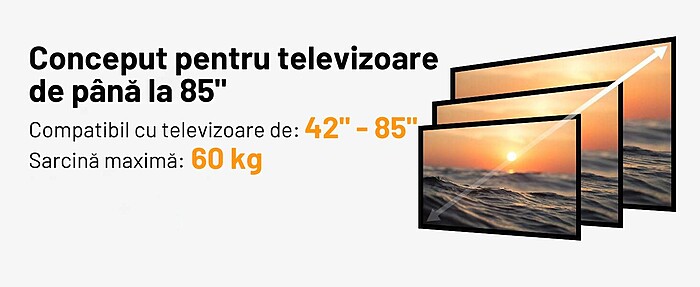 Suport TV de Perete, Premium, Montare pe Perete, Reglabil, Rotire / Extindere / Inclinare / Pivotare, Universal pentru Televizoare 42 - 85 Inch (106 - 215 cm), Compatibil VESA 200x100 - 600x400, Max 60 kg, Instalare Usoara, Negru - imagine 5