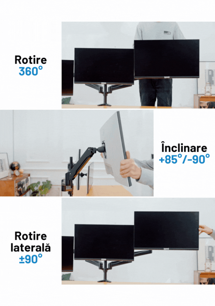Suport 3 Monitoare Premium pentru Birou 17-32" inch, Arc pe Gaz, pentru Productivitate, Multitasking, Munca, Gaming, Organizator Cabluri, Instalare Usoara, Ergonomic, VESA 75x75 / 100x100, Pana la 8 kg per brat, Prindere cu Clema/Surub, Negru - imagine 2