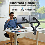 Suport pentru 2 Monitoare Premium 13-32" inch, Arc pe Gaz, pentru Productivitate, Munca, Gaming, Organizator Cabluri, Instalare Usoara, Ergonomic, VESA 75x75 / 100x100, Pana la 9 kg per brat, Prindere cu Clema / Surub, pentru Birou, Negru - imagine 3