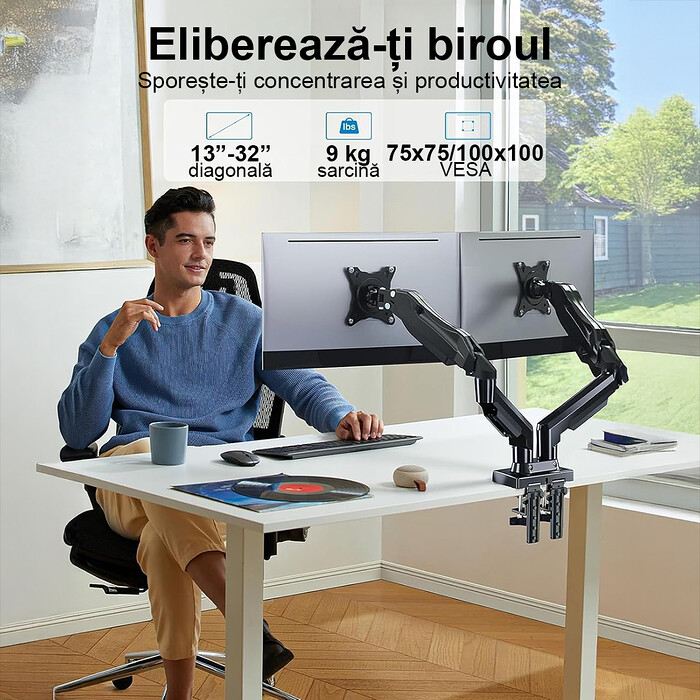Suport pentru 2 Monitoare Premium 13-32" inch, Arc pe Gaz, pentru Productivitate, Munca, Gaming, Organizator Cabluri, Instalare Usoara, Ergonomic, VESA 75x75 / 100x100, Pana la 9 kg per brat, Prindere cu Clema / Surub, pentru Birou, Negru - imagine 3