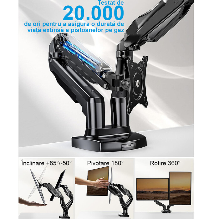 Suport pentru 2 Monitoare Premium 13-32" inch, Arc pe Gaz, pentru Productivitate, Munca, Gaming, Organizator Cabluri, Instalare Usoara, Ergonomic, VESA 75x75 / 100x100, Pana la 9 kg per brat, Prindere cu Clema / Surub, pentru Birou, Negru - imagine 4
