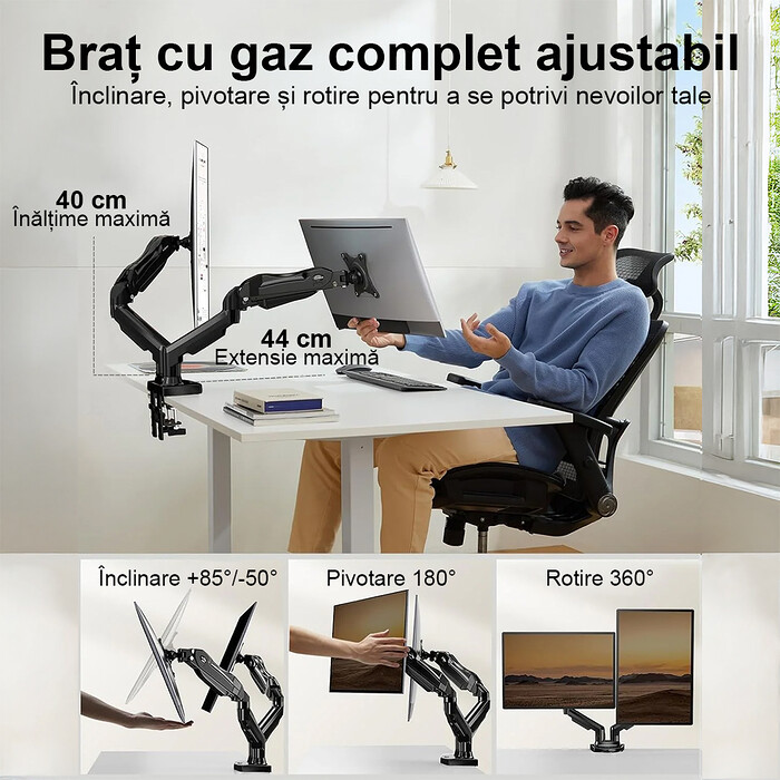 Suport pentru 2 Monitoare Premium 13-32" inch, Arc pe Gaz, pentru Productivitate, Munca, Gaming, Organizator Cabluri, Instalare Usoara, Ergonomic, VESA 75x75 / 100x100, Pana la 9 kg per brat, Prindere cu Clema / Surub, pentru Birou, Negru - imagine 5